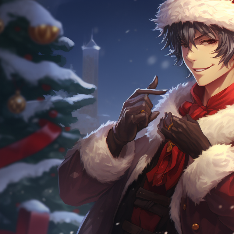 Two characters in a snowy backdrop with a glowing Christmas tree, soft pastel colors highlighting the festive atmosphere. unique matching christmas tiktok pfp pfp for discord.