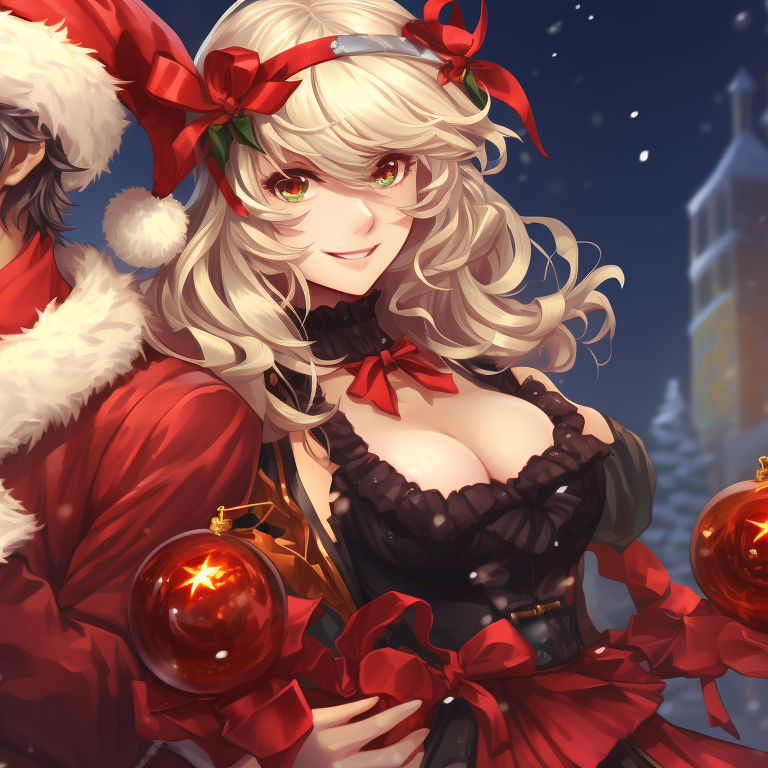 Two characters in a snowy backdrop with a glowing Christmas tree, soft pastel colors highlighting the festive atmosphere. unique matching christmas tiktok pfp pfp for discord.