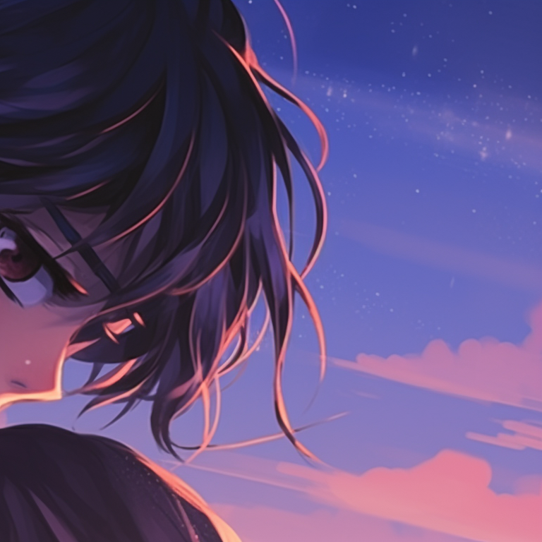 Two characters in a sunset backdrop, warm yellows and oranges, light glancing off side profiles. romantic anime couples matching pfp pfp for discord.