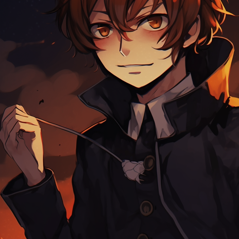 Dazai and Chuuya, intense shading and cold colors, cloaked in eerie shadows. dazai and chuuya anime art halloween pfp for discord.