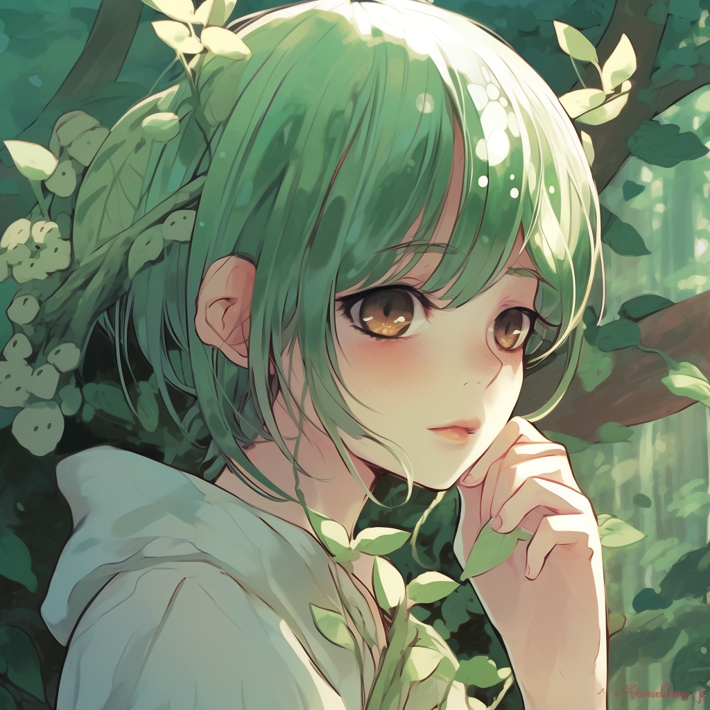 Beautiful elf maiden with vibrant green eyes in an animated pose, Rune markings glowing bright green, blending with her lustrous green hair. compelling green anime pfp illustrations