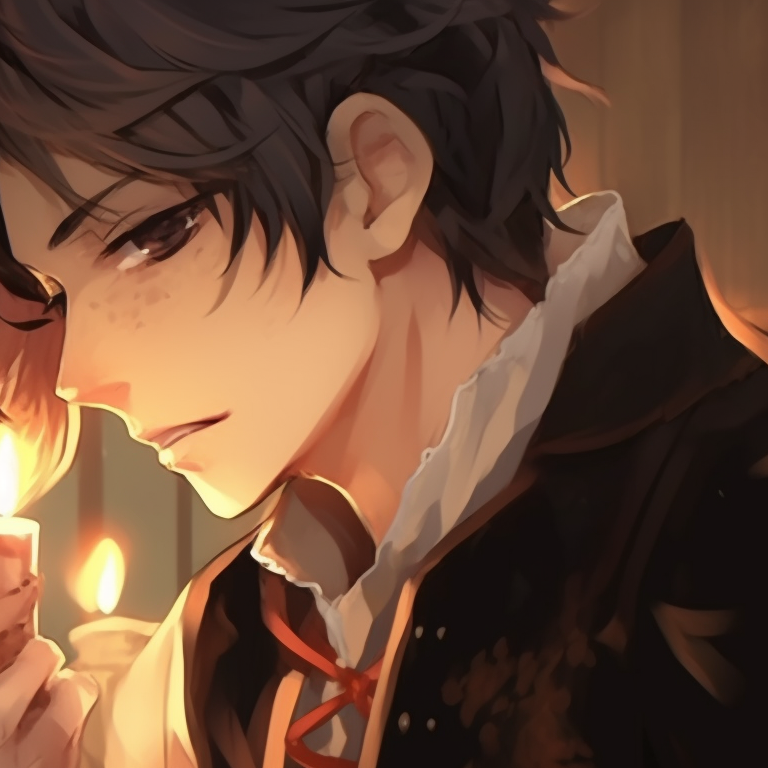 Two characters in Victorian costumes, lit by candlelight, sharing an intimate moment. anime theme matching couples pfp for halloween pfp for discord.