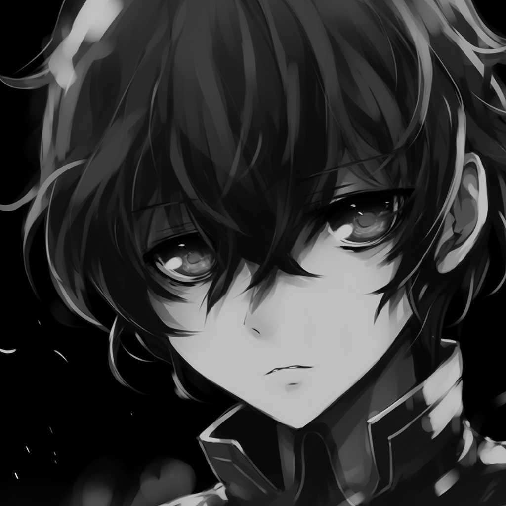 A profile view of Lelouch in black and white, highlighting detailed facial features and crisp linework. modern anime black and white pfp