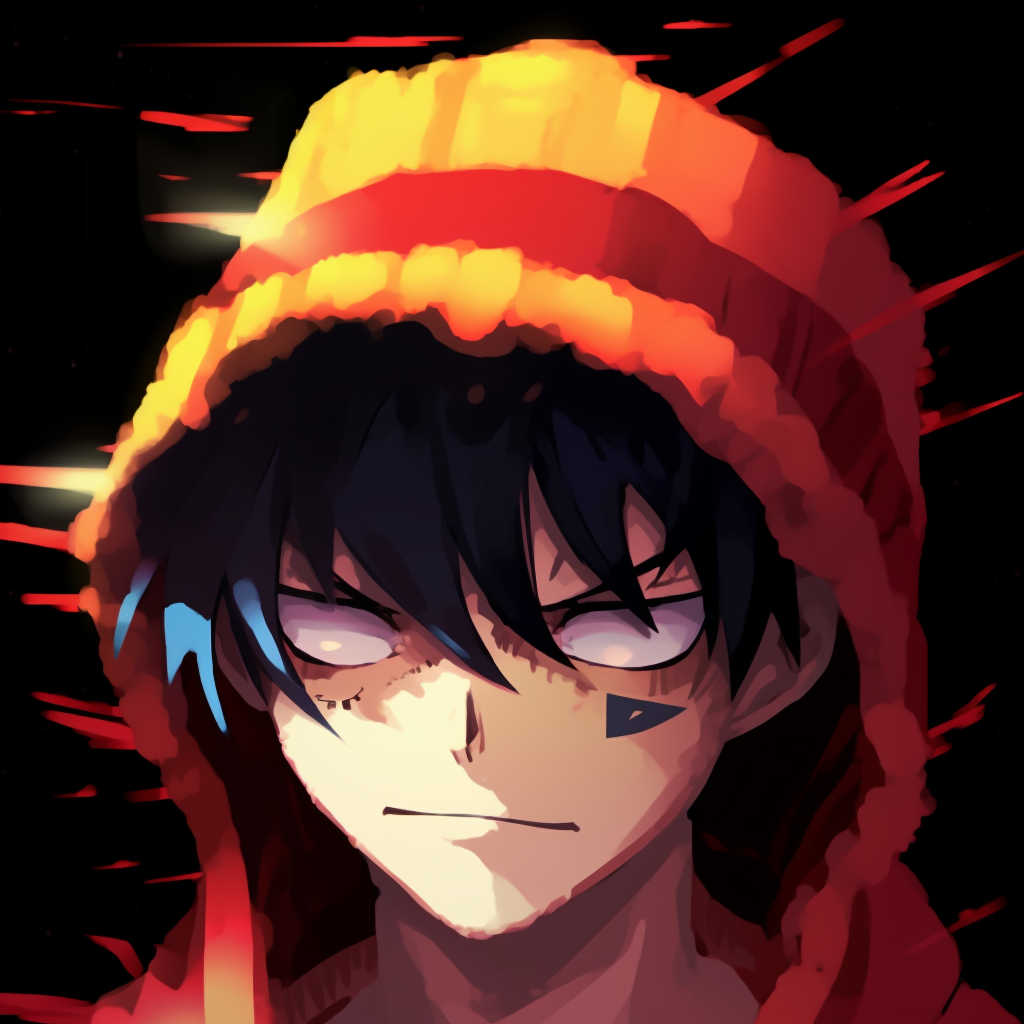 Close-up of Luffy's intense gaze, heightened drama through detailed linework and radiant colors. anime inspired animated pfp