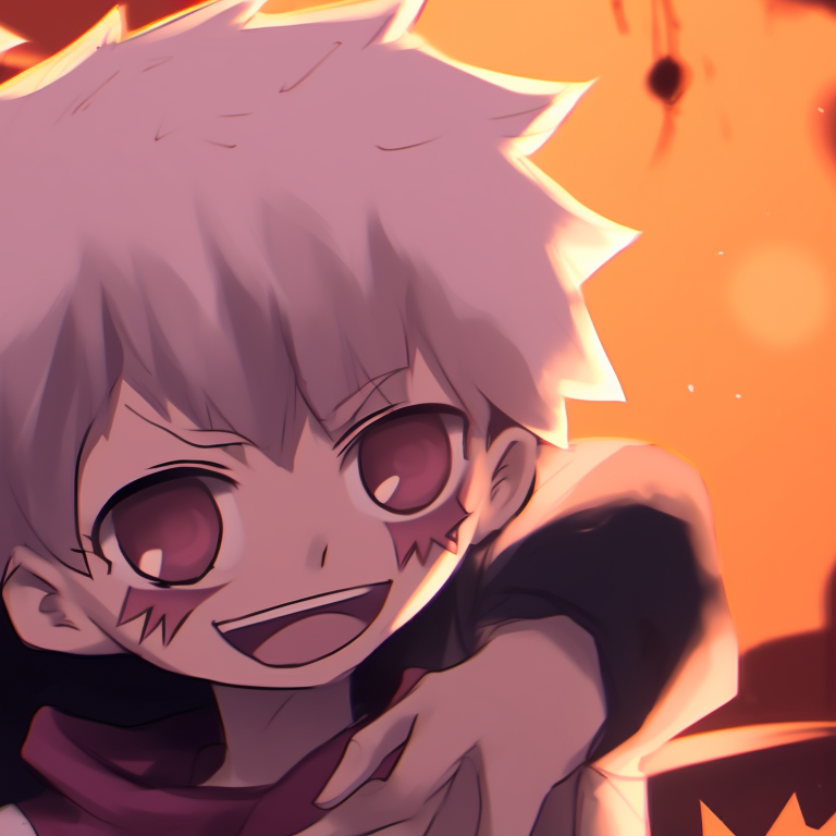 Killua and Gon posing with carved pumpkins, Halloween inspired elements against a sunset. killua and gon matching pfp halloween theme inspiration pfp for discord.