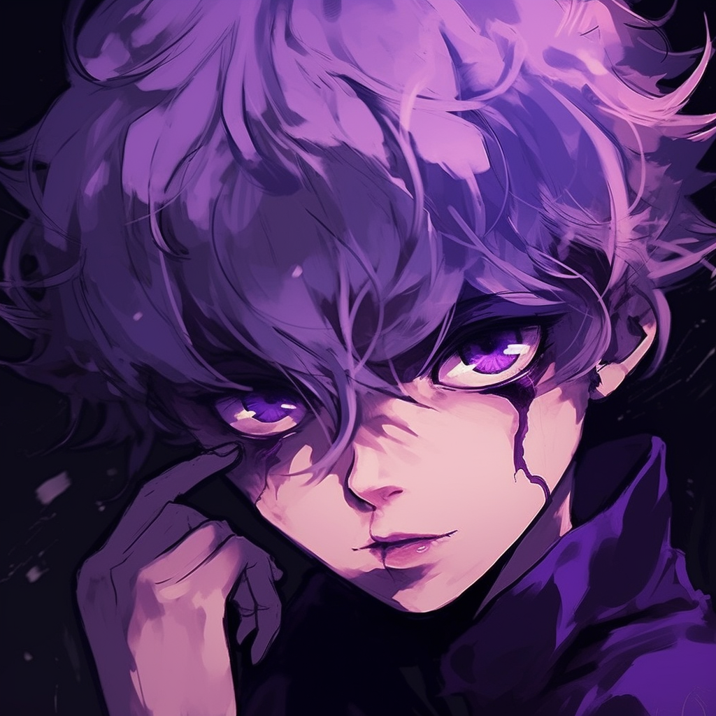 Mysterious anime boy with deep-set purple eyes, interesting use of shadows and fine line work. purple anime art pfp pfp for discord.
