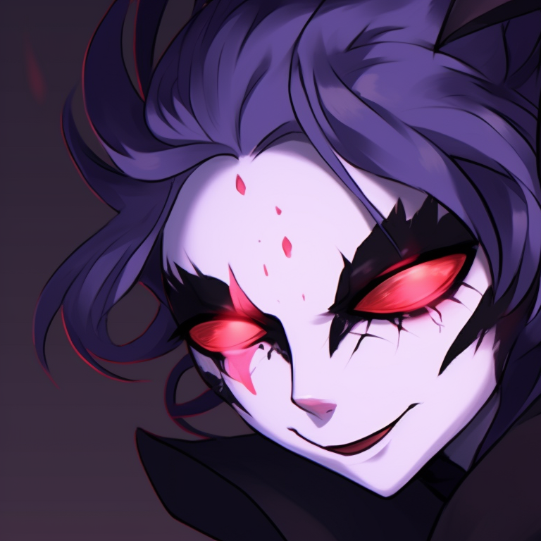 Stolas in ghoulish makeup, Blitzo with an eerie mask, purple and black dominating colors. helluva boss halloween matching pfps pfp for discord.