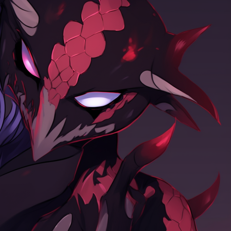 Stolas in ghoulish makeup, Blitzo with an eerie mask, purple and black dominating colors. helluva boss halloween matching pfps pfp for discord.