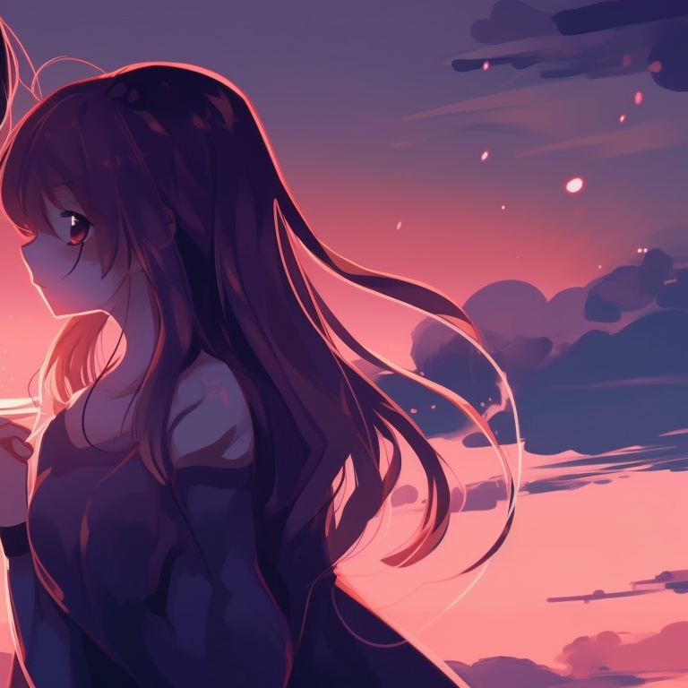 Two characters in a windy setting, loose hairs fluttering around, their gazes interconnected. charming matching couple pfp pfp for discord.