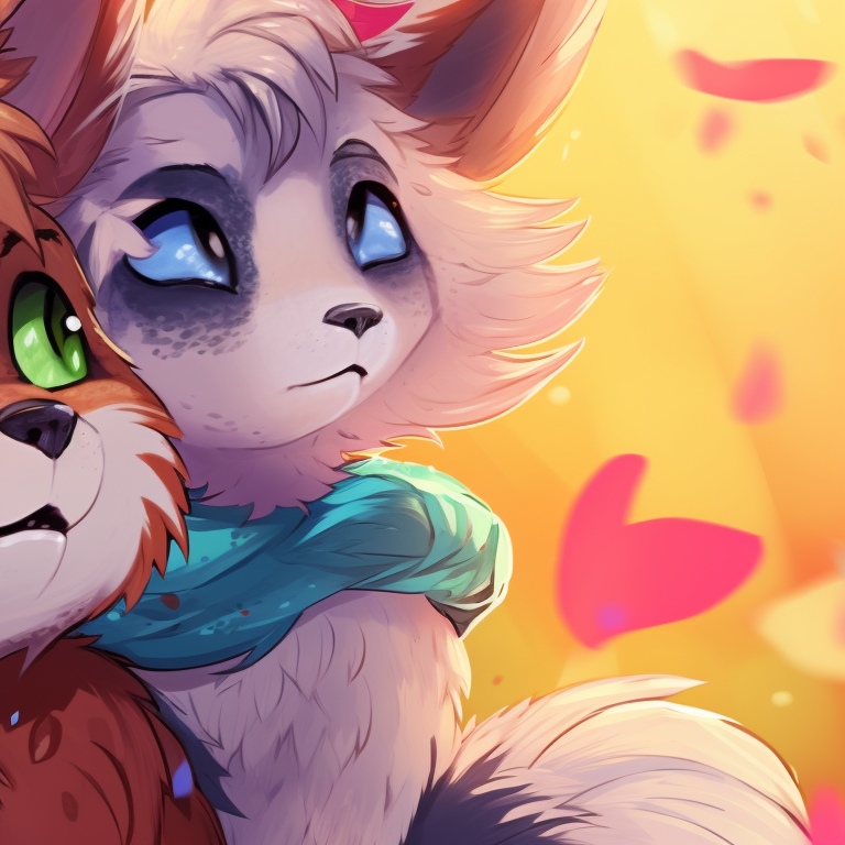 Two furry characters in the midst of a dreamy forest, their fur and eyes shimmering with vibrant hues. furry matching pfp ideas pfp for discord.