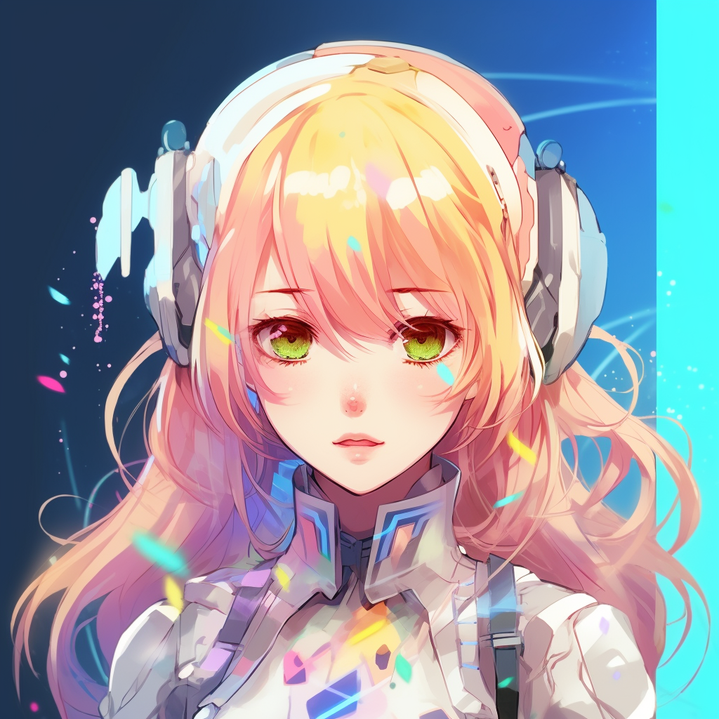 Young anime girl in futuristic armored suit, vivid colors and detailed line work. anime pfp aesthetic girl concepts