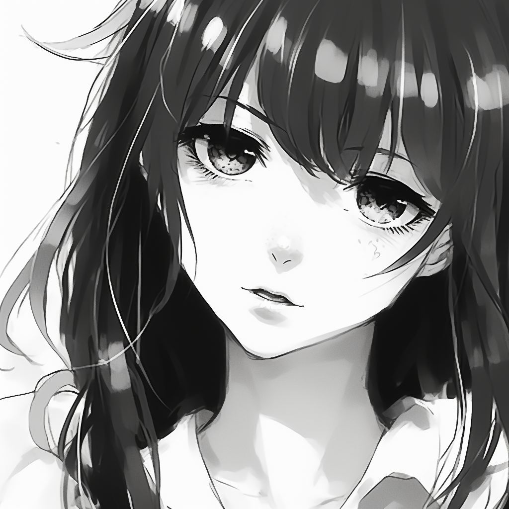 Profile picture featuring a classic anime girl, black and white tones, highlighting hair details. classic black and white anime girl pfp pfp for discord.