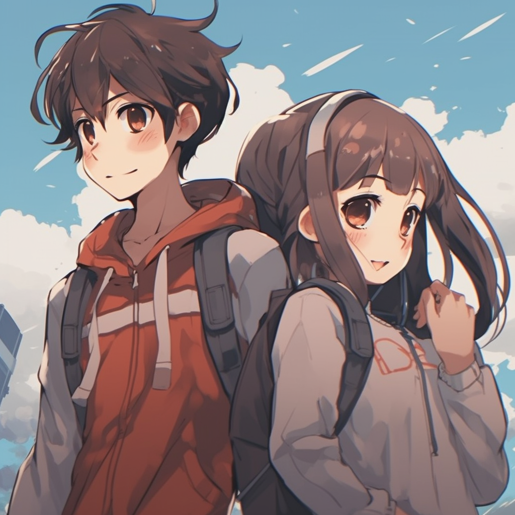 Anime depiction of a boy and girl as travel companions, detailed background scenery and dynamic poses. friends anime matching pfp: boy and girl
