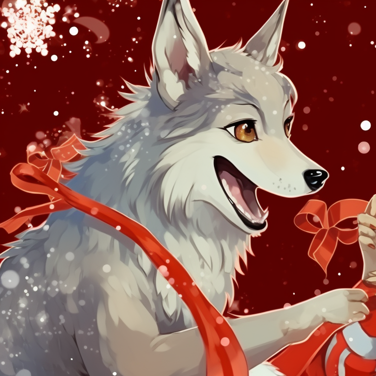 Two wolf characters exchanging gifts, warm holiday colors, under a decorated tree. holiday matching christmas wolf pfp pfp for discord.
