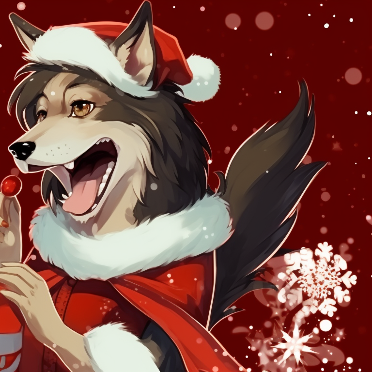 Two wolf characters exchanging gifts, warm holiday colors, under a decorated tree. holiday matching christmas wolf pfp pfp for discord.