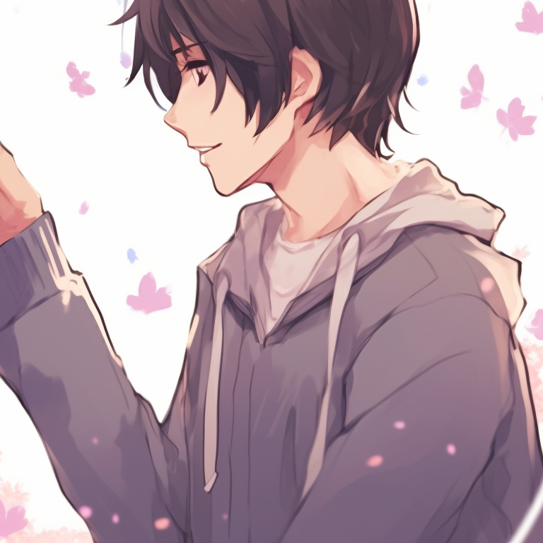 Two characters in a wisteria filled field, soft purples and greens, hands barely touching. romantic anime couples matching pfp pfp for discord.