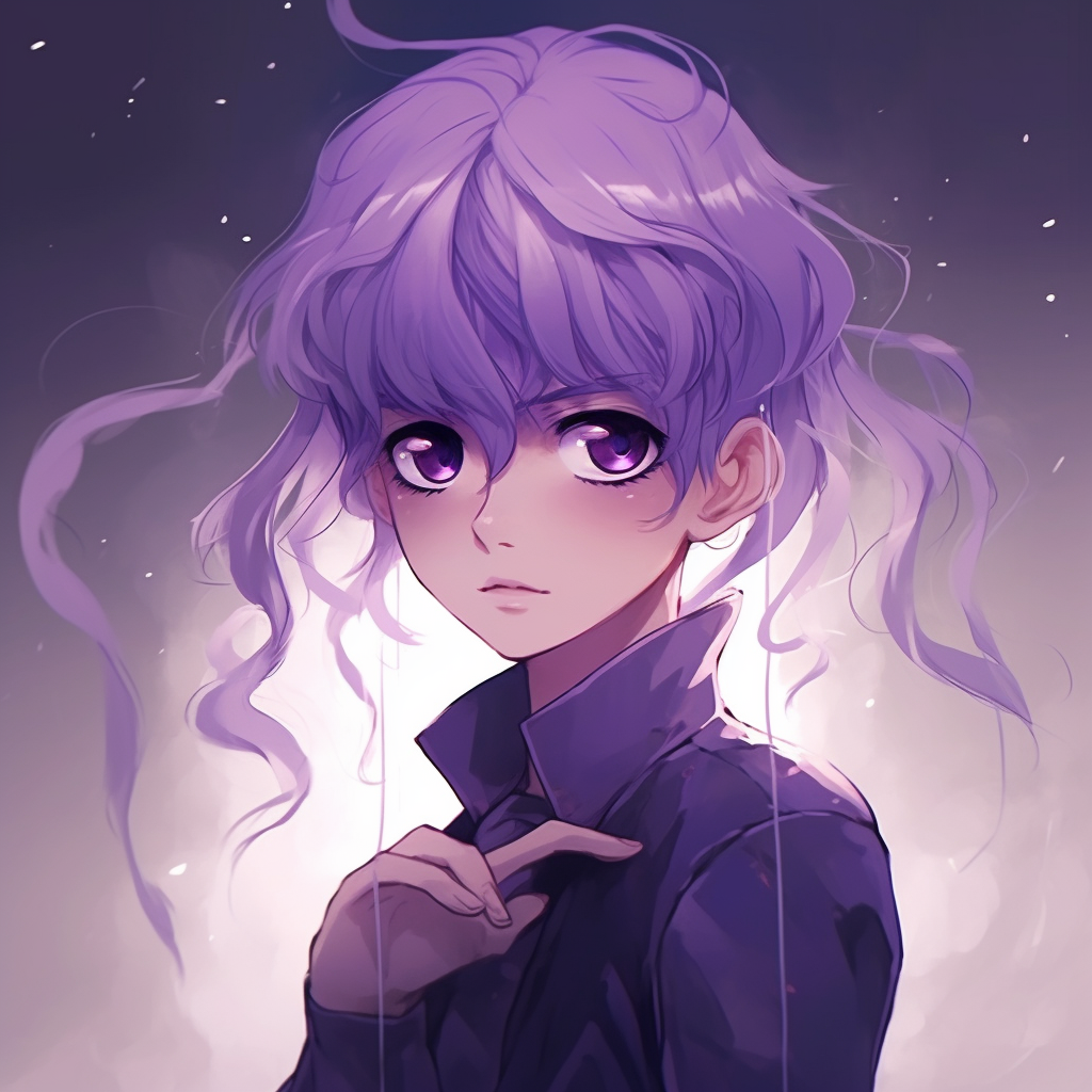 A solemn-looking anime character, adorned with purple hair, under-lit lighting and intense eyes. adorable purple anime pfps