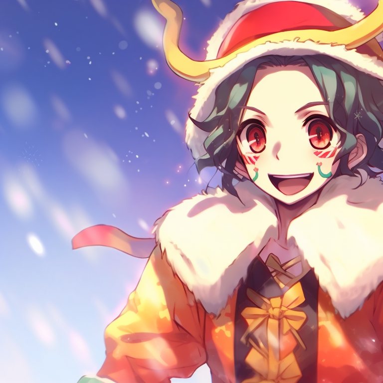 Two characters in battle stances, festive outfits adorned with Christmas touches, vivid colors with a background of winter scene. holiday demon slayer pfps pfp for discord.