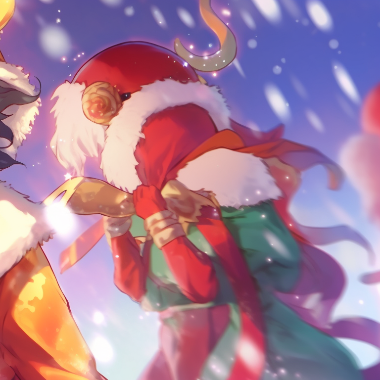 Two characters in battle stances, festive outfits adorned with Christmas touches, vivid colors with a background of winter scene. holiday demon slayer pfps pfp for discord.
