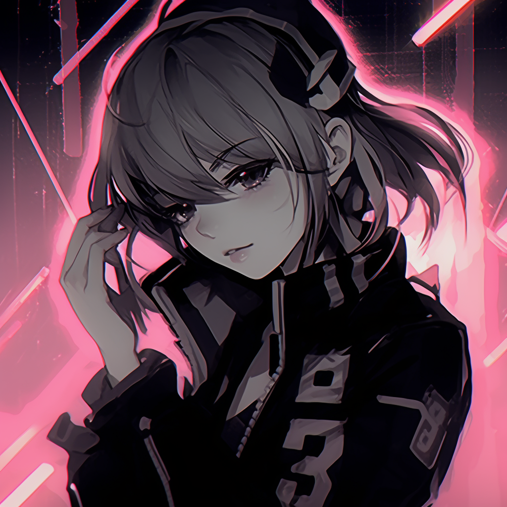 Anime character with cyberpunk aesthetics, neon accents and high contrast. anime pfp aesthetic variations
