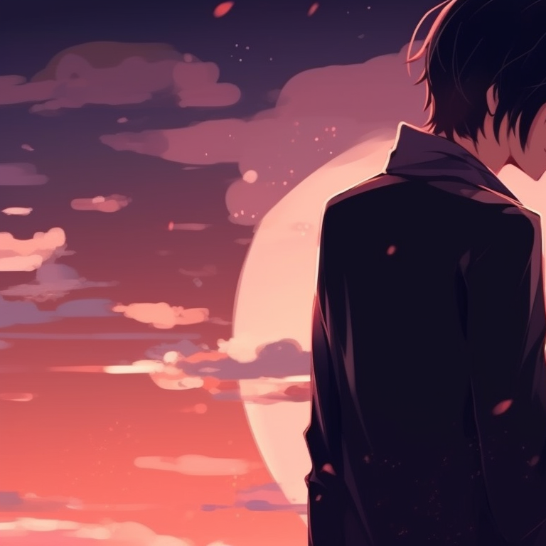 Two characters under a twilight sky, their silhouettes almost merging. charming matching couple pfp pfp for discord.