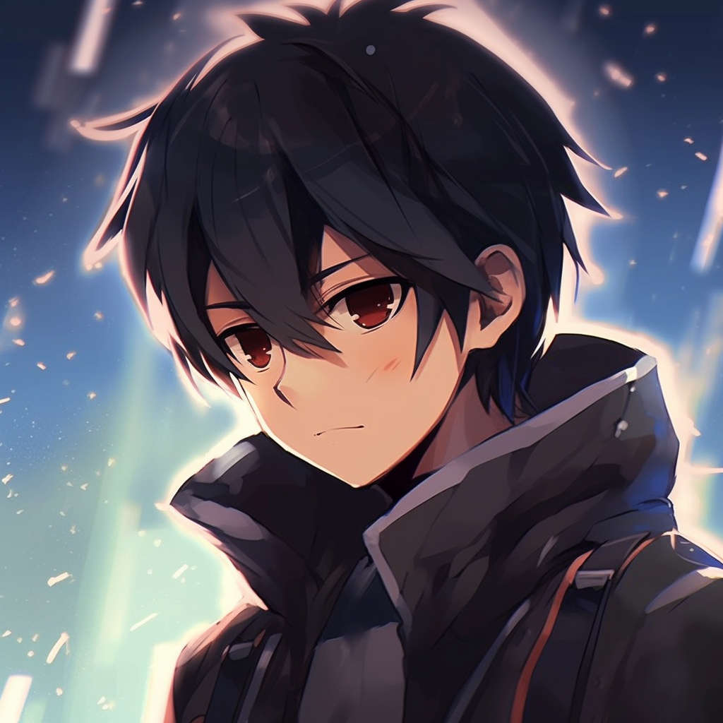 Intense closeup of Kirito's brooding stare, intricate details around the eyes. modern anime male pfp pfp for discord.