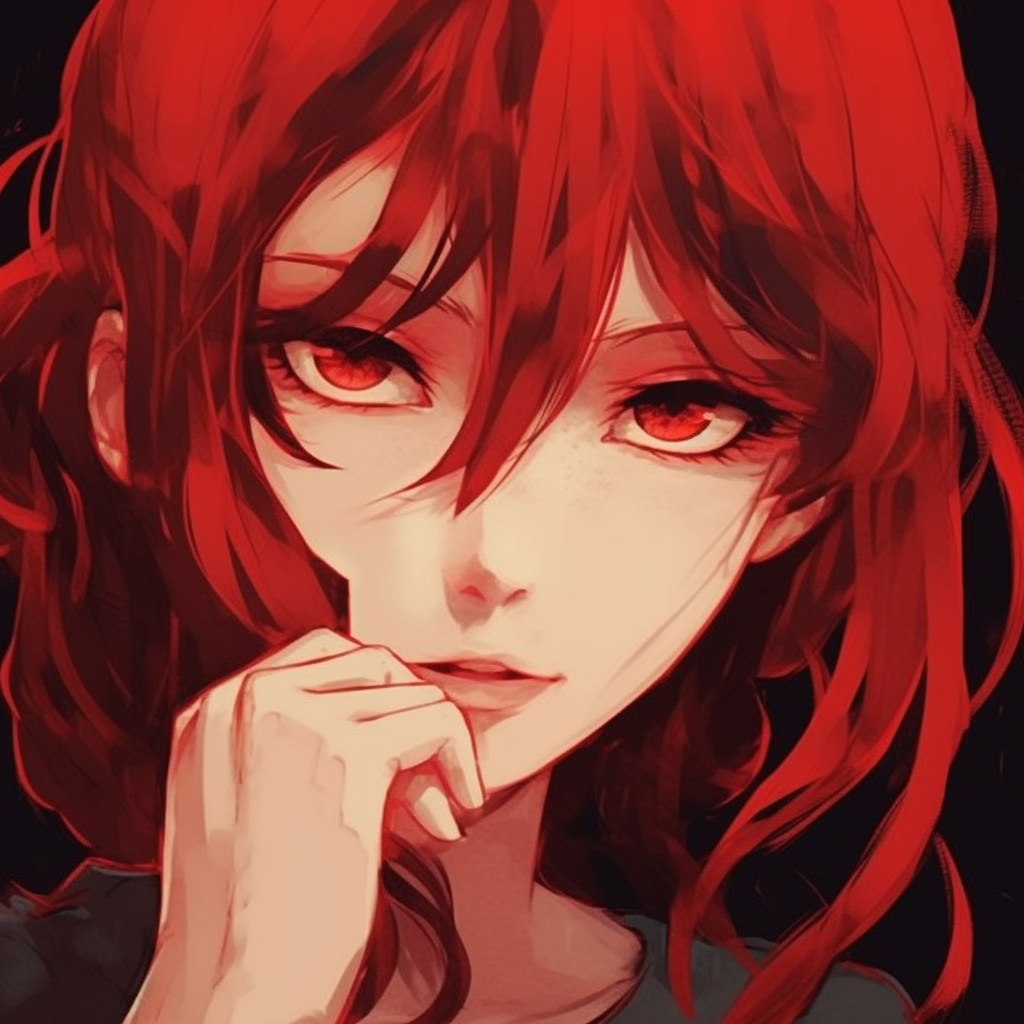 Profile picture of an anime girl with flaming red hair, expressing emotions through her intense eyes and subtle details. beautiful red anime girl pfp