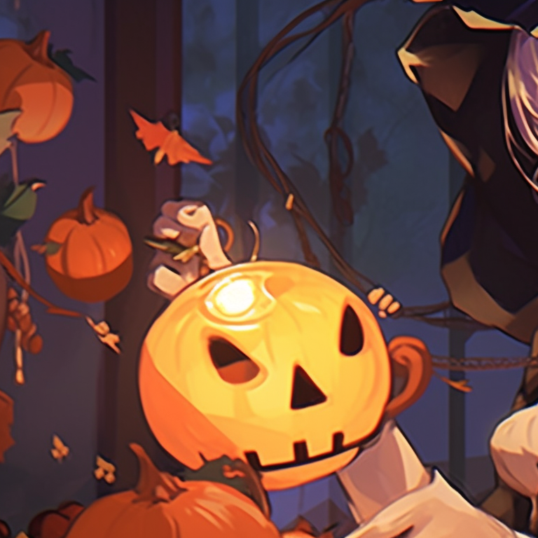 Two characters in playful trick-or-treat outfits, bold and bright colors, laughing. animated halloween-themed anime pfp gifs pfp for discord.