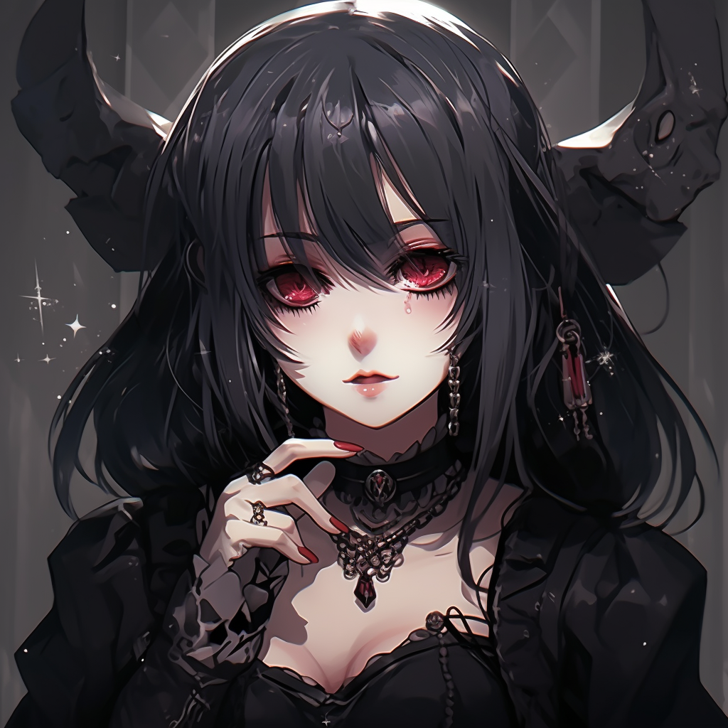 Profile picture of a goth anime priestess, with peculiar ornaments and ceremonial attire. top-rated goth anime girl pfp pfp for discord.