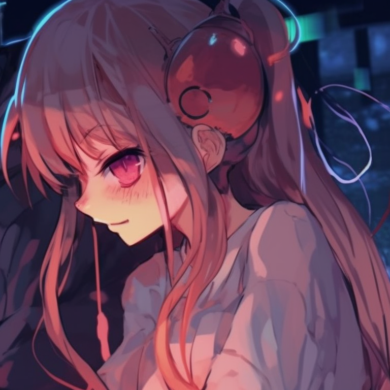 Two characters, mechanical appendages intertwined, sharp lines, and metallic hues. anime matching pfp couple art pfp for discord.