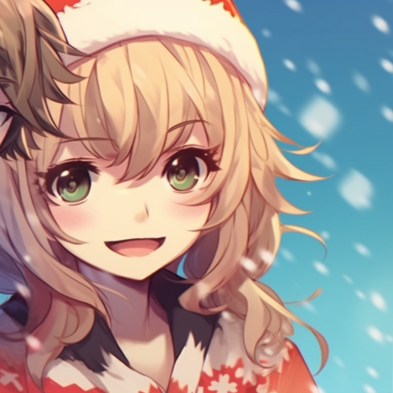 Two characters in Christmas sweaters, standing under a snowfall, with bright colours and a warm feel. christmas matching pfp for festive pfp for discord.