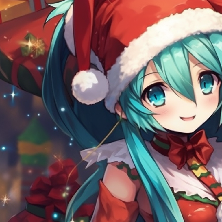 Hatsune Miku characters, locked gaze, decorated with Christmas motifs against a snowy backdrop. christmas with hatsune miku matching pfp pfp for discord.