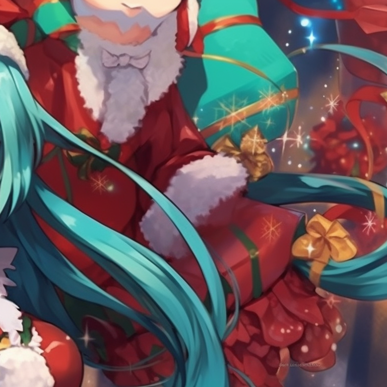 Hatsune Miku characters, locked gaze, decorated with Christmas motifs against a snowy backdrop. christmas with hatsune miku matching pfp pfp for discord.