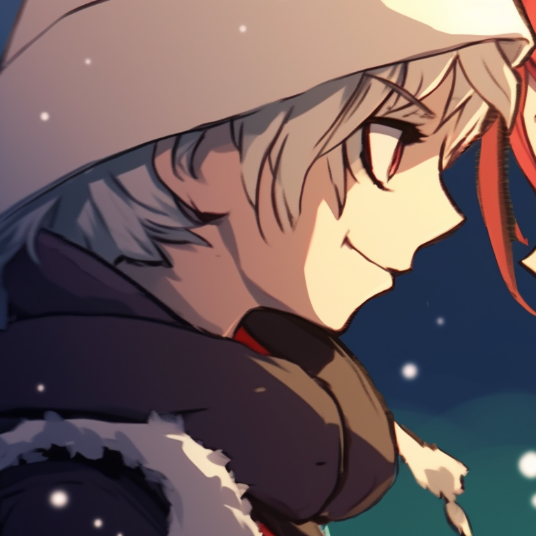 Two characters in Christmas sweaters, holding candy canes, with a snow-filled background. christmas matching profile photos tumblr pfp for discord.