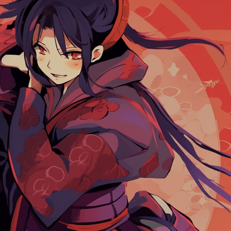 Two samurai characters in combat stances, strong linear detailing and bold colors. anime inspired matching pfp couples pfp for discord.