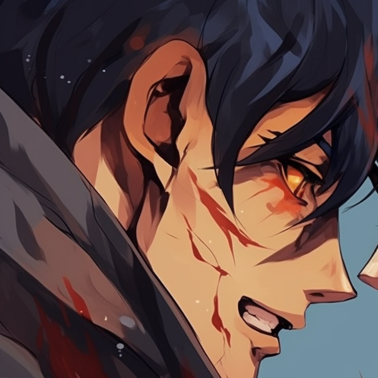 Two male characters, bold lines and sharp colors, facing each other with conflicted expressions. bl anime matching pfp pfp for discord.