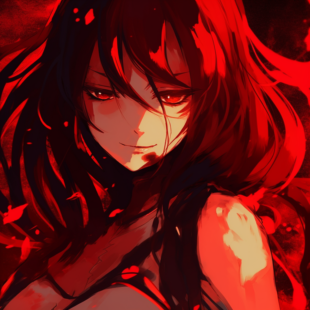 A detailed sketch of Erza, highlighted by intense red tones, focusing on intricacies of her armor. vibrant red pfp