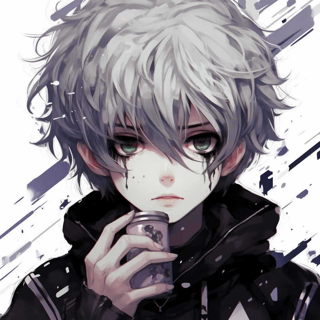 Emo anime boy with slick silver hair, with detailed linework and monochrome elements. emo pfp anime boys display
