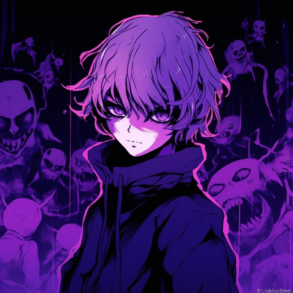 Kaneki Ken from Tokyo Ghoul highlighted by a powerful violet light, attention to detailed shades. top-notch purple anime wallpapers