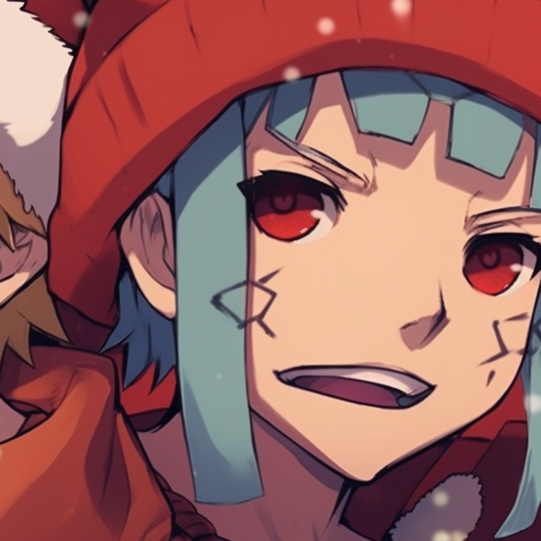 Two Naruto characters surrounded by snowflakes, dynamic lines and cool tones. naruto themed matching christmas profile pictures pfp for discord.