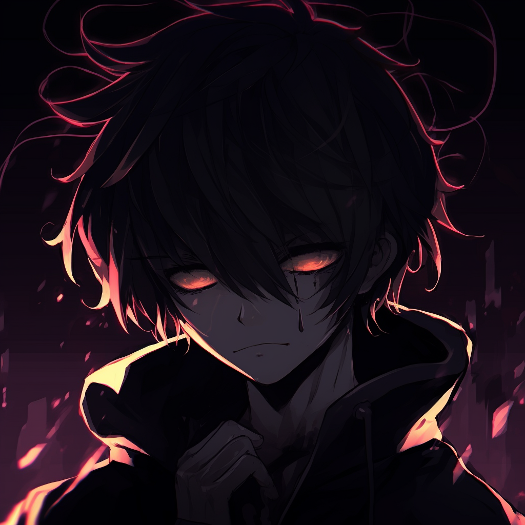An anime character in shadow with eyes glowing, vivid colors contrasting with the darkness. unique black pfp anime pfp for discord.