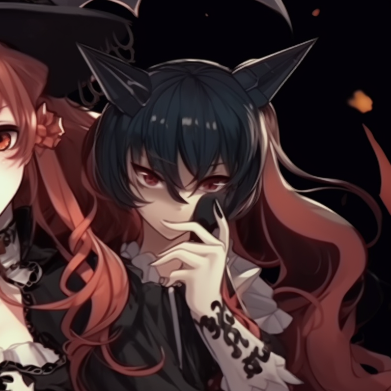 Two characters in vintage gothic clothing, shading emphasizes the chilling atmosphere. spooky halloween theme my dress up darling matching pfp fashion pfp for discord.