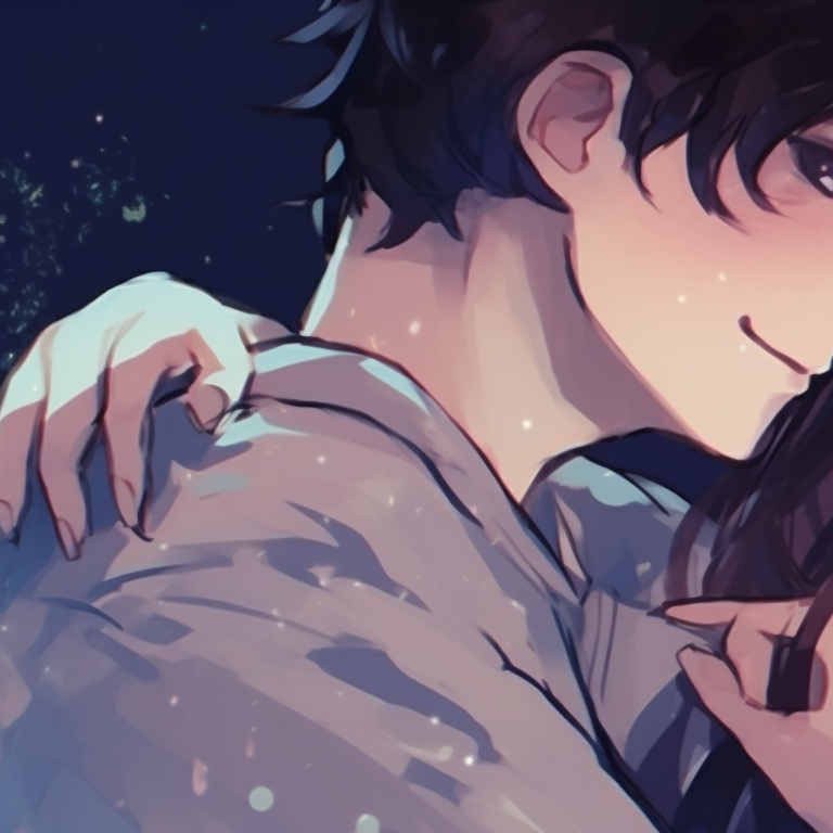A pair, caught in a serene moment under a starry sky, vibrant blues and twinkling star details dominate the scene. aesthetic matching pfp for bf and gf pfp for discord.