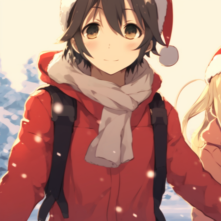 Two characters, excited expressions, exchanging brightly wrapped gifts. anime inspired matching christmas pfp gif pfp for discord.