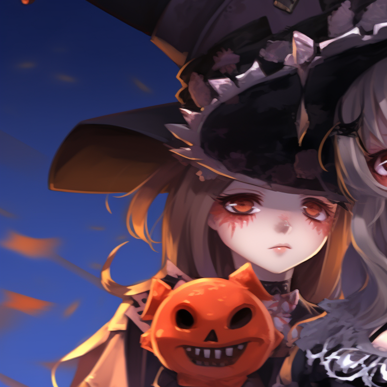 Two characters holding a candy and catalyst, symbolizing the fun and adventure aspect of Halloween. halloween pfp with genshin elements pfp for discord.