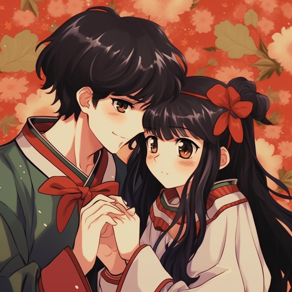 Dynamic pose of Inuyasha and Kagome, intricate details on the sacred arrow and bold lines. ultimate relationship goal: matching anime pfp for lifelong couples