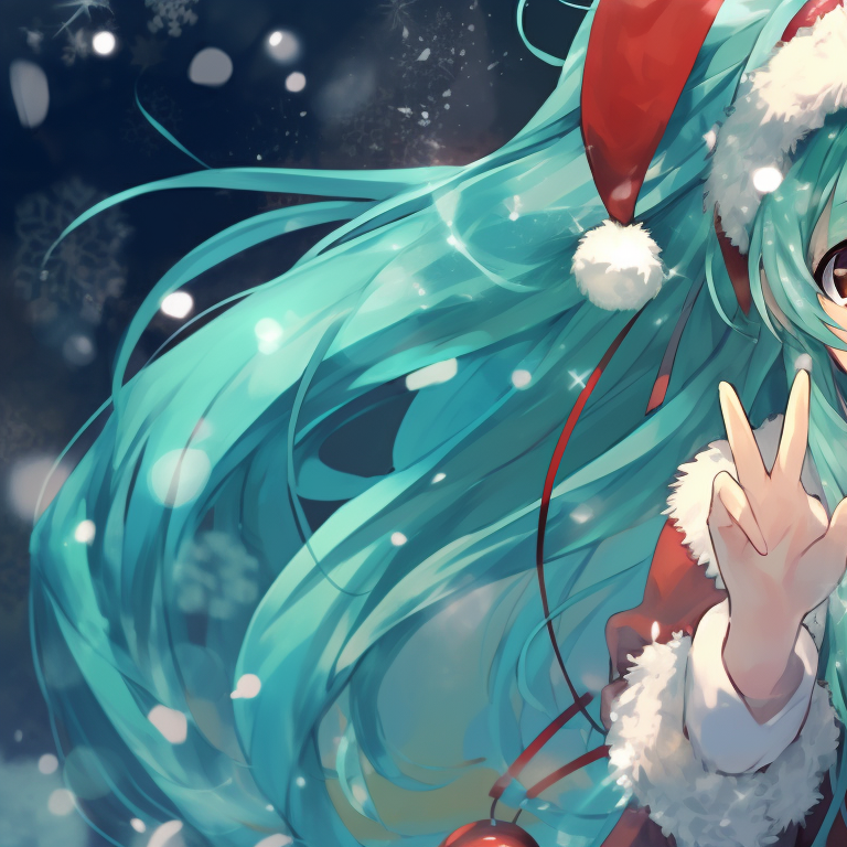 Two Hatsune Miku, one holding a microphone, subtle cool colors and snowflakes symbolize winter, details in their attire highlight the festive theme. hatsune miku's festive matching pfps pfp for discord.