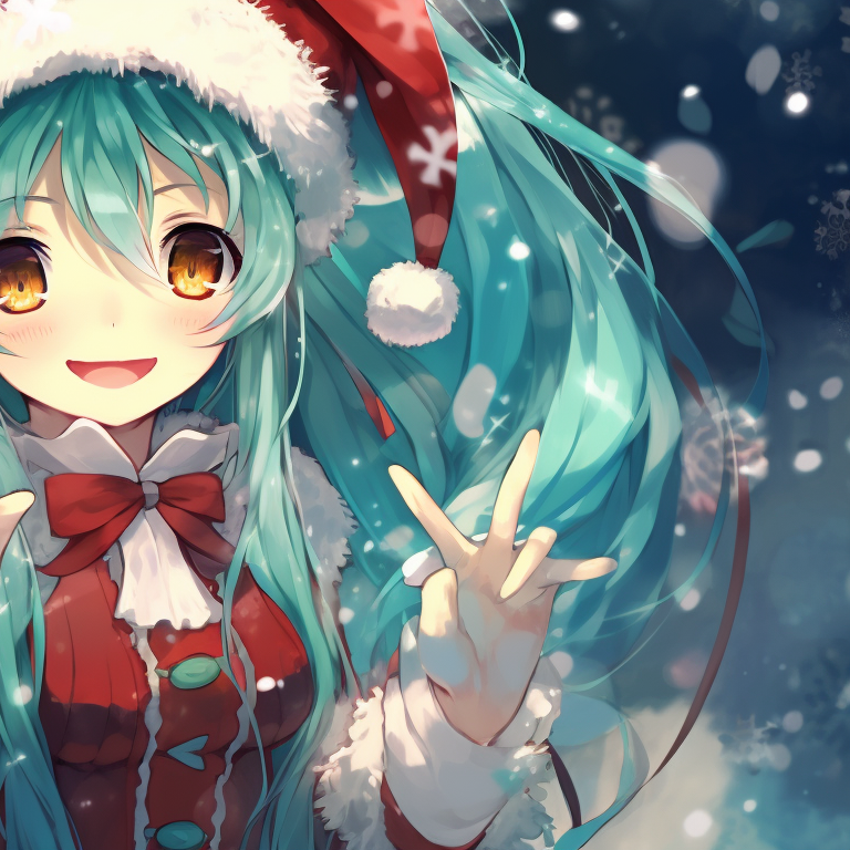 Two Hatsune Miku, one holding a microphone, subtle cool colors and snowflakes symbolize winter, details in their attire highlight the festive theme. hatsune miku's festive matching pfps pfp for discord.