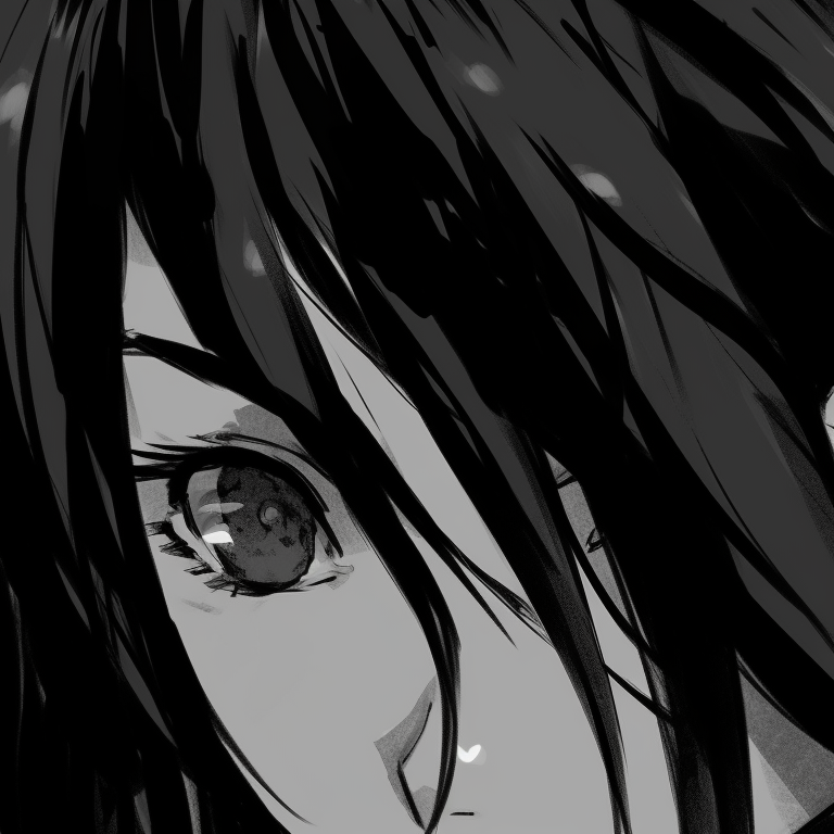 Close-up of two characters, strikingly detailed features, deep shadows adding to the dramatic effect of greyscale. black and white matching pfp aesthetic pfp for discord.