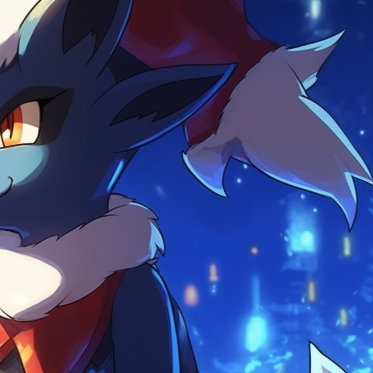 Lucario pair, standing back-to-back, surrounded by an aura radiating Christmas colors. highlighted lucario christmas profile pictures pfp for discord.